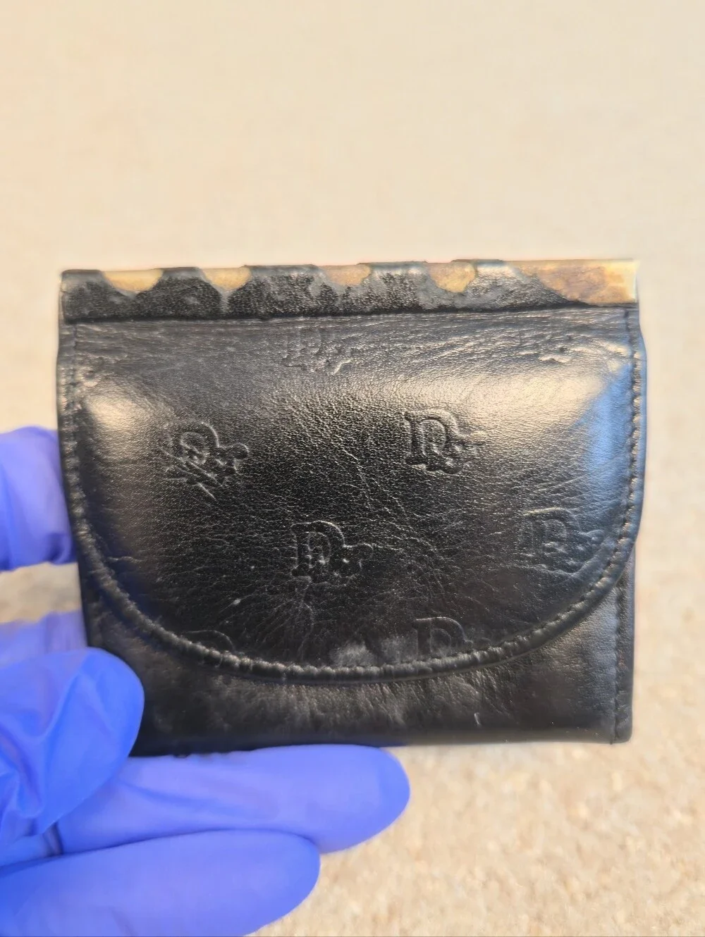 Vintage Old Christian Dior black leather mini coin purse